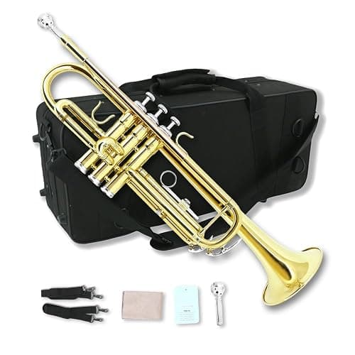 WUQIMUSC Bb Trumpet for Beginners, Standard B Flat Trumpet with 7C Mouthpiece, Hard Case, Gloves & Cleaning Cloth, Student Brass Instrument (Golden) - Image 1