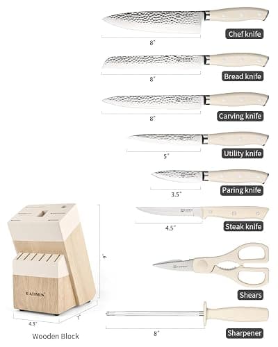 Kitchen Knife Set,14-Piece Knife Set With Block Wooden, Self Sharpening For Chef Knife Set, High Carbon German Stainless Steel Hammered Collection Knife Block Set, Dishwasher Safe Cutlery, Cream thumbnail 3