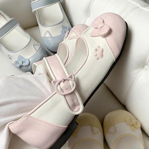 Women Cute Sneakers, Bow Detail Mary Janes 3D Cat Pattern Japanese Harajuku Style JK Shoes Lovely Round Toe Flats Pink Kawaii Kitten Footwear thumbnail 7