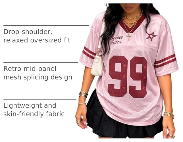 Adenorah Womens Oversized T Shirts V-Neck Streetwear Jersey Graphic Tees Mens Retro Hip Hop Mesh Summer Tops thumbnail 4