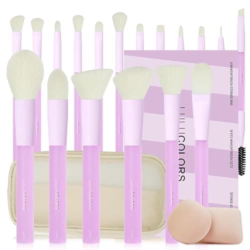LULUCOLORS 18-Piece Light Purple Professional Makeup Brush Set – Translucent Rubberized Handles, Soft Synthetic Bristles for Face & Eye Makeup–Includes Travel Bag & Sponges, Complete Brush Collection - Image 1