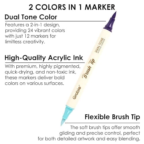 Grabie 24 Colors Acrylic Paint Markers, 12 Pack Dual Tip Soft Brush Acrylic Markers, Water-Based Paint Pens for Paper, Rock Painting, Wood, Glass, Canvas, DIY Craft Art Supplies for Adult & Kids thumbnail 4