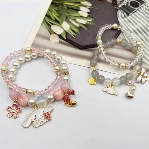 Kawaii Bracelets Crystal Beads Cinnamoroll Bracelet Set Cute Cartoon Elastic Beaded Bow Pearl Bracelets Anime Jewelry Christmas Stocking Stuffers for Women Bff Friendship (White) thumbnail 8