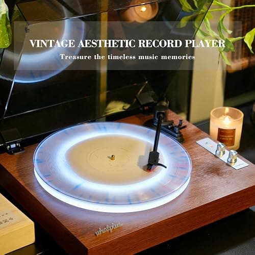 WhatPlus Bluetooth Record Player with Speakers and Illuminated Platter | Vintage wooden design with RCA output and 3.5mm input, ideal for home listening and decor. thumbnail 3