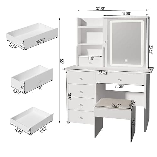 ALEAVIC Vanity Desk with Mirror and LED Lights, Makeup Vanity Set with Power Outlet, and Stool,Jewelry Storage,White Vanity Desk for Bedroom thumbnail 2