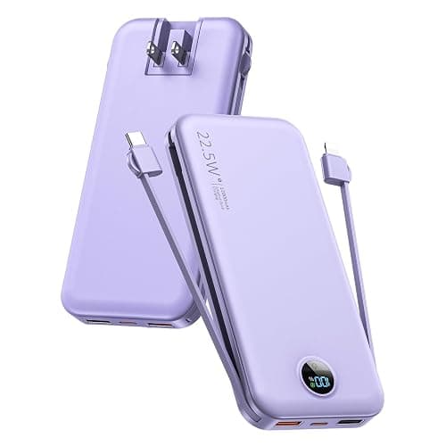 Portable Charger, 12000mAh 22.5W USB C Fast Charging Power Bank with Built-in Cables and AC Wall Plug, Smart LED Display Travel Essentials Battery Pack Compatible with iPhone, iPad, Samsung etc Purple - Image 1