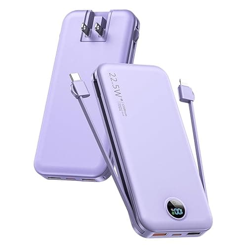 Portable Charger, 12000mAh 22.5W USB C Fast Charging Power Bank with Built-in Cables and AC Wall Plug, Smart LED Display Travel Essentials Battery Pack Compatible with iPhone, iPad, Samsung etc Purple - Purple - 12000mah