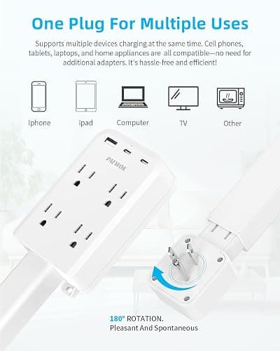 Electrical Outlet Extender Stick with USB Ports(2 USB C), 180° Rotating Extendable Wall Plug with 4 AC Outlet, Adjustable 17.7"-27" Extendable Power Strip Stick for Behind Couch, Desk and Bed thumbnail 6