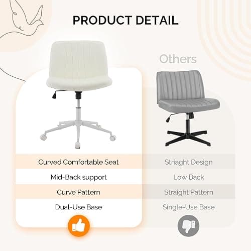 VINGLI Criss Cross Legged Chair,Wide Comfy Office Desk Chair,Dual-Use with/no Wheels Computer Task Chair,Swivel Armless Vanity Rolling Chair for Study,Make Up,Home Office,Cat Scratch PU Leather,Beige thumbnail 4