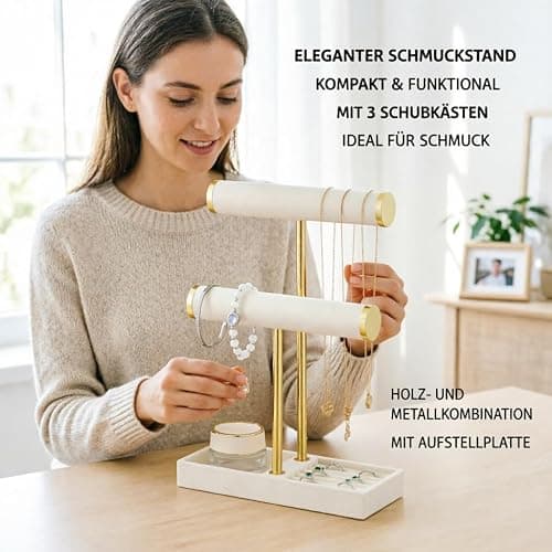 Xnqelerate Schmuckständer mit 2 Ebenen, Schmuckaufbewahrung, Abnehmbarer T-Steg Schmuck Ständer, Schmuck Organizer, Jewelry Organizer für Armband, Uhren, Ringe, Halskette (Beige) thumbnail 3