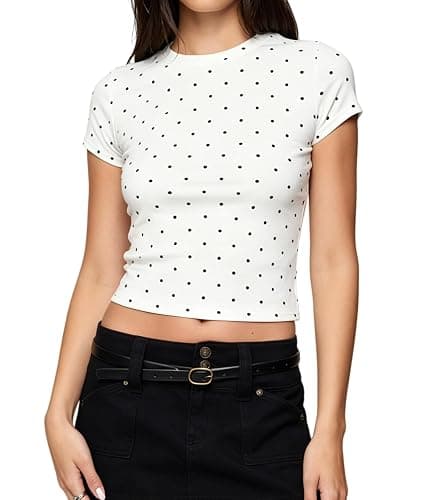 Women Cute Polka Dot Top Y2K Short Sleeve Crew Neck Fitted Baby Tees Shirts | Polka Dot T Shirts Going Out Blouse Top Layered Underscrubs Undershirt Teen Girls Vintage Aesthetic Whimsy Clothes Streetwear - Image 1