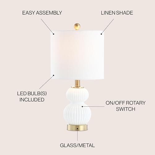 JONATHAN Y 20" White/Brass Gold Ribbed Gourd Glass Table Lamp, Modern Bedside Lamp for Bedroom Living Room, White Linen Drum Shade, LED Bulb Included JYL1099A thumbnail 5