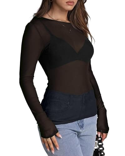 WIHOLL Womens Mesh Sheer Tops Sexy Crew Neck Summer Loose FIt Party Clubwear Shirts thumbnail 3