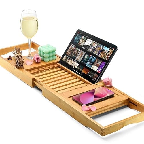 Luxury Foldable Bathtub Tray Caddy - Waterproof Wooden Bath Organizer for Wine, Book, Soap, Phone - Expandable Size Fits Most Tubs thumbnail 6