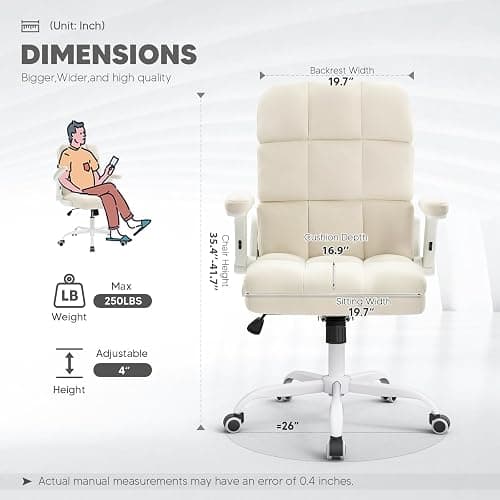 SEATZONE Home Office Chair–Beige Velvet Desk Chair with Wheels, Comfortable Computer Work Chair with Flip-up Arms and Adjustable Tilt thumbnail 3