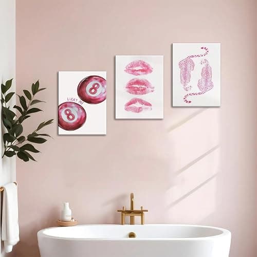 Framed Pink Preppy Canvas Wall Art Set of 3, Trendy Cheetah Pictures Wall Decor, Funky Lucky 8 Ball Coquette Lip Paintings Prints Y2K Girly Aesthetic Home Decor for Living Room Bedroom Dorm 12x16 inch thumbnail 8