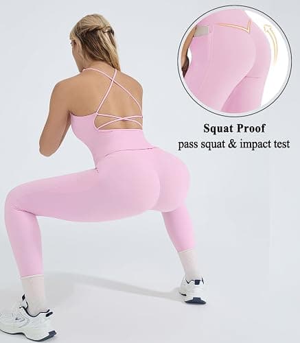 OMKAGI 2 Piece Workout Sets for Women Padded Workout Tops Booty Leggings with Pockets Gym Sets thumbnail 6