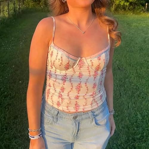 Women Teens Cute Babydoll Tops Y2k Floral Lace Trim Camisole Ruffle Tank Top Summer Flowy Peplum Top Streetwear thumbnail 3