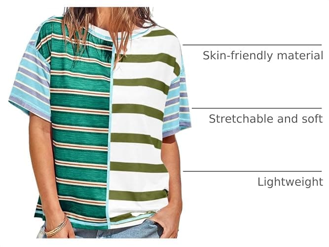 Tankaneo Womens Summer Striped Shirts Casual Color Block Short Sleeve Tops Loose Fit Crew Neck Tees thumbnail 4