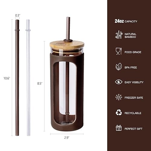 Kodrine 20oz Glass Tumbler with Straw and Lid, Iced Coffee Cups with Bamboo Lids, Glass Cups for Cold Drinks, Smoothie Cup with Silicone Sleeve for Travel, Work, BPA FREE-Brown thumbnail 4