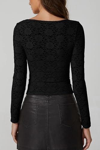 QINSEN Chic Floral Lace Crop Tops for Women Slimming Fit Long Sleeve Square Neck Going Out Basic Shirts thumbnail 2