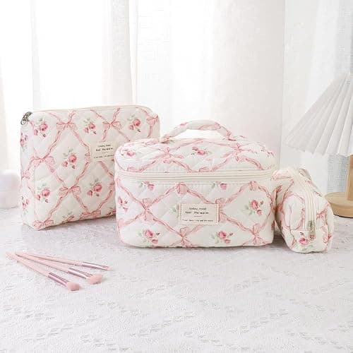 uekeboag Large Travel Quilted Makeup Bag for Women, Floral Cotton Cosmetic Bag, Coquette Aesthetic Floral Toiletry Organizer Bag thumbnail 3