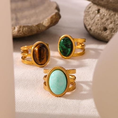 Dikixe Boho Western Turquoise Ring, Oval Turquoise Gemstone December Birthstone Open Adjustable Statement Ring, Gold Plated Stainless Steel Stackable Rings for Women thumbnail 3