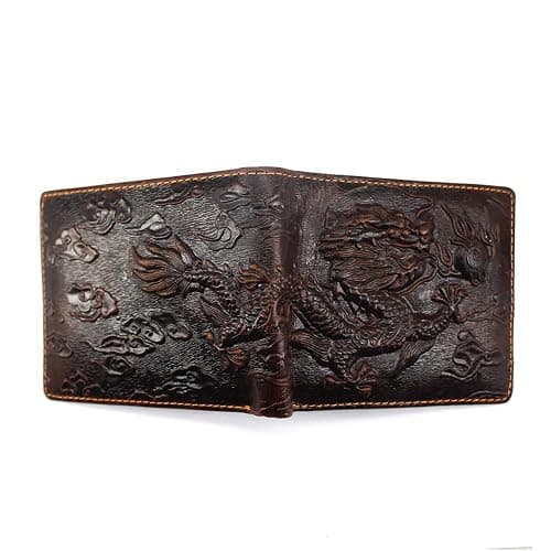Medifier Mens Leather Genuine Extra Capacity Wallet Bifold Slim Brown Front Pocket Engraved Dragon Wallets with Credit Card Holder ID Window for Men Women Husband Boyfriend Him Gifts Horizontal Style thumbnail 7