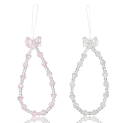 inewateri 2 Pack White & Pink Sparkling Bowknot Love Beaded Chain-Phone Lanyard Set, Multi-Purpose Cellphone Bag Key Accessory, Aesthetic Wrist Strap for Women Girls - Sparkle - Image 1