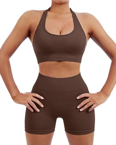 SUUKSESS Women Seamless Ribbed Workout Set Backless Sports Bra Booty Biker Short thumbnail 2