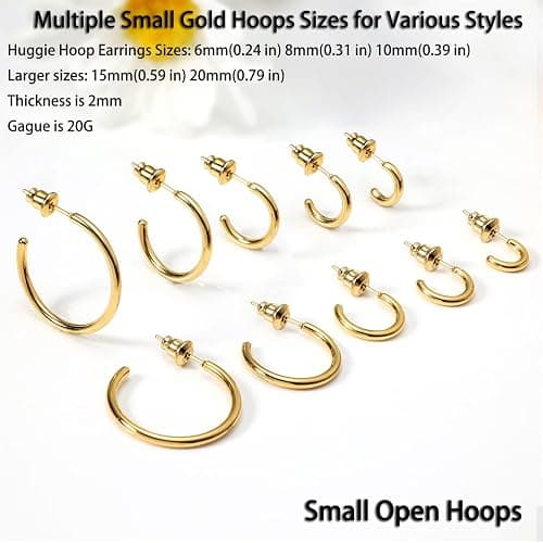 Minimalist Hoops for Women - 14K Gold Open Huggie Hoop Earrings, Hypoallergenic Tiny Hoops in Gold and Silver (Set of 1-5 Pairs) thumbnail 4