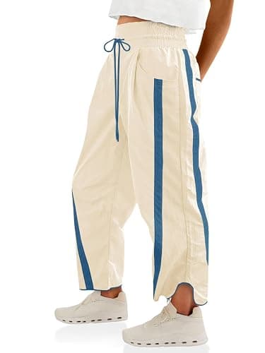 Fisoew Women's Baggy Wide Leg Pants Casual Drawstring Elastic Waisted Contrast Color Workout Y2K Track Pants - Image 1