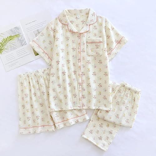 codcm Womens 3pcs Cotton Pajamas Set Short Sleeve Sleepwear Fruit Print Cute Pj Set with Long Pants thumbnail 5
