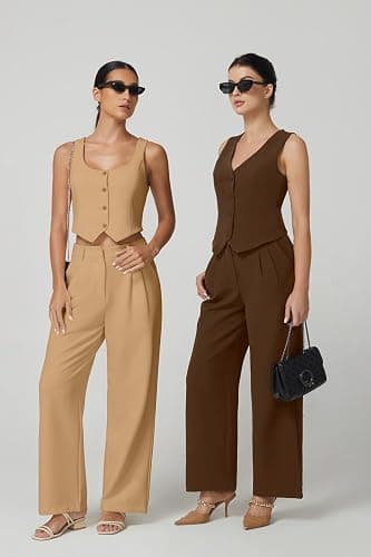 QINSEN Wide Leg Dress Pants for Women High Waisted Wrinkle Free Work Pants with Pockets Casual Slack thumbnail 6