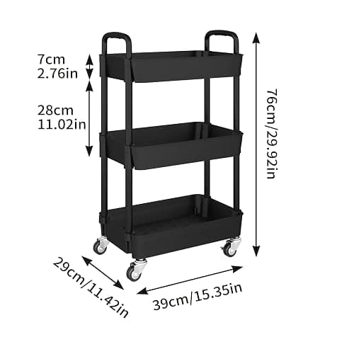 UDEAR 3-Tier Kitchen Rolling Utility Cart,Multifunction Storage Organizer with Handle and 2 Lockable Wheels for Kitchen,Bathroom,Living Room,Office,Black thumbnail 3