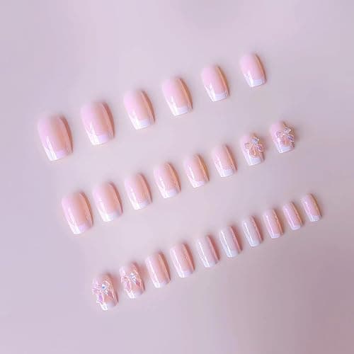 3D Bow Fake Nails - 24PCS Crystal False Nails with Glue - Short Square Press on nails - French Tip Stick on Nails - French Manicure Acrylic Nail Tips for Women Holiday & Daily Long Lasting Wearing thumbnail 2