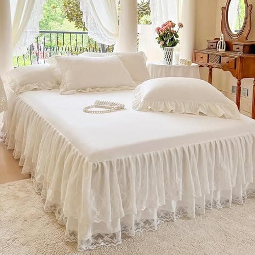 Lace Bed Skirt & Bedsheet Queen Size - 17 in. Drop, Easy Fit Ruffled Bedskirt Wrap Around Bedcover, Anti Wrinkle & Fade - Image 1