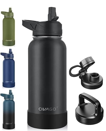 CIVAGO 32 oz Insulated Stainless Steel Water Bottle With Straw and 3 Lids | Large Metal Sports Water Jug, Leakproof Reusable Wide Mouth Thermal Flask Cup with Silicone Boot, BPA-Free, Black - Image 1