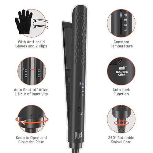 Quico Hair Straightener, 110-240V Global Travel Hair Straighteners for women, 15s Fast Heating, Professional Negative Ion Flat Iron, Temp Memory, 320℉-450℉, Auto-Off, with Glove and Clips, Gift, Black thumbnail 8