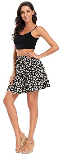 Hoerev Womens Girls Floral Flared Short Skirt Cute High Waist Ruffle Skirt Beach Mini Skirt - Large - Black_daisy thumbnail 2