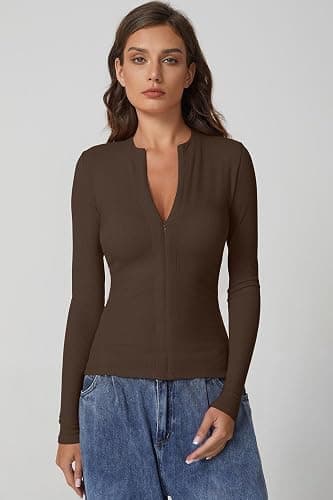 QINSEN Long Sleeve Shirts for Women V Neck Half Zipper Ribbed Knit Going Out Tops Full Length Basic Tee thumbnail 5