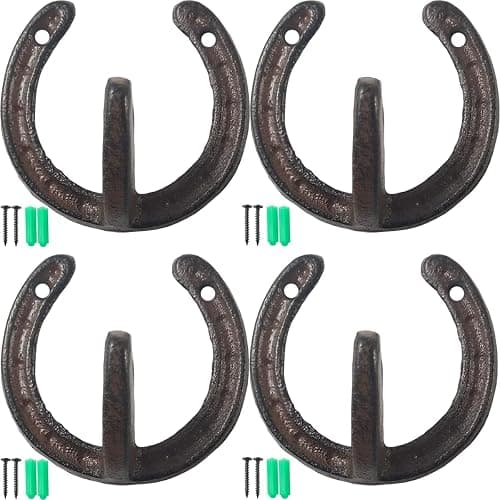 NSBELL 4PCS Cast Iron Horseshoe Shaped Wall Hooks - Vintage Coat Hat Horse Hanger - Farmhouse Decorative Hooks for Hanging Robe Towels Coats Bags - Image 1