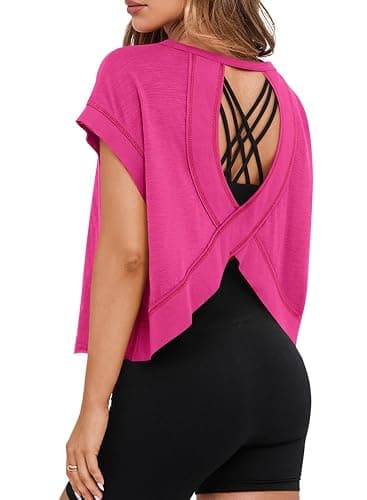 MIHOLL Women Workout Tops Oversized Cotton Crop Top Open Back Athletic Gym Shirts Backless Yoga Running - Image 1