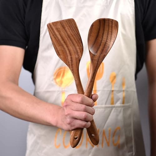Gudamaye 13 inch Long Wooden Utensils for Cooking, Long Handle Wooden Spoons for Cooking, 7 PCES Crafting Wooden Spoon Set, Wooden Kitchen Utensil set, Natural Teak Wooden utensil Set thumbnail 7