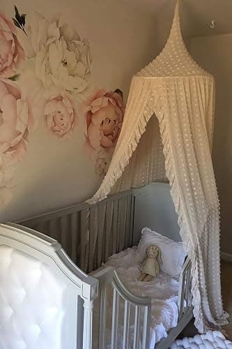 Wonder Space Elegant Kids Bed Canopy - Lace Chiffon Netting with Pom Pom, Princess Girls Fairy Dream Tent, Nursery Room Baby Crib Hanging Curtain Mosquito Net Children Reading Nook Decoration (Beige) thumbnail 4