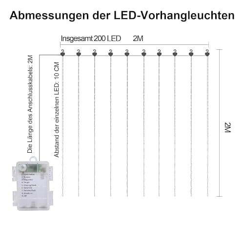 DBFAIRY 2x2M Lichtervorhang innen, 200 LED Lichterketten Vorhang mit 8 Modi Fernbedienung Timer, Batterie Lichterkette Vorhang Wasserfest für Party Hochzeit Innen und außen Deko (Warmweiß) thumbnail 5
