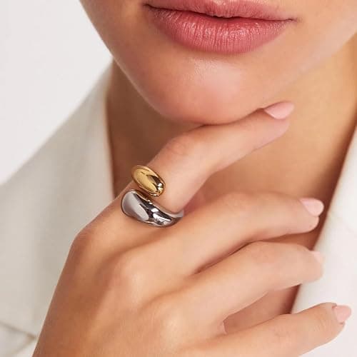 WOWORAMA Chunky Open Rings for Women Gold Silver Adjustable Dome Teardrop Rings Bold Thick Statement Rings Simple Stackable Band Rings thumbnail 8