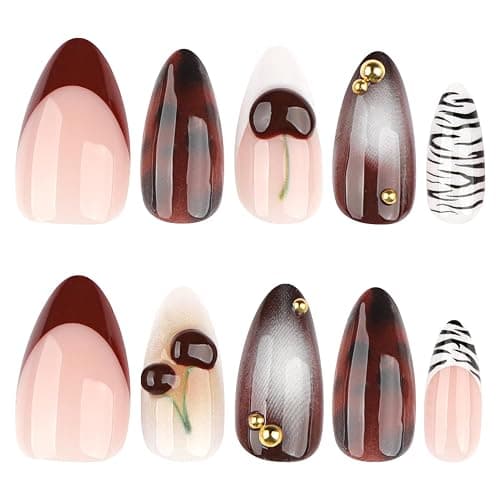 Brown Press On Nails Almond Shape, Glossy Red Gradient with Cherry, Leopard Print & Gold Studs, Luxury Handmade Look Full Cover False Nails for Women, Reusable, 24PCS thumbnail 2