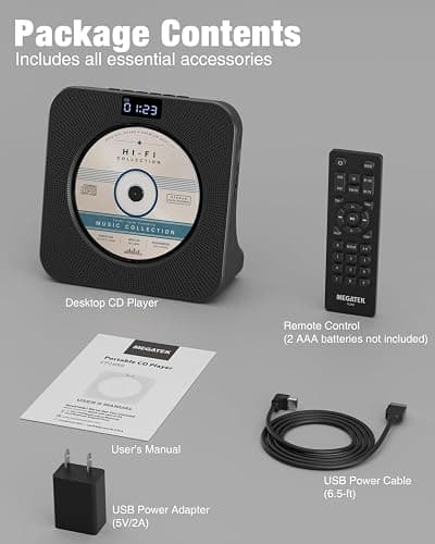 MEGATEK Portable CD Player with Bluetooth RX/TX, FM Radio & USB - Black | Desktop Design, HiFi Stereo Speakers, Front Display, Headphone Jack, Sleep Timer, Remote, USB-C Adapter Included thumbnail 9