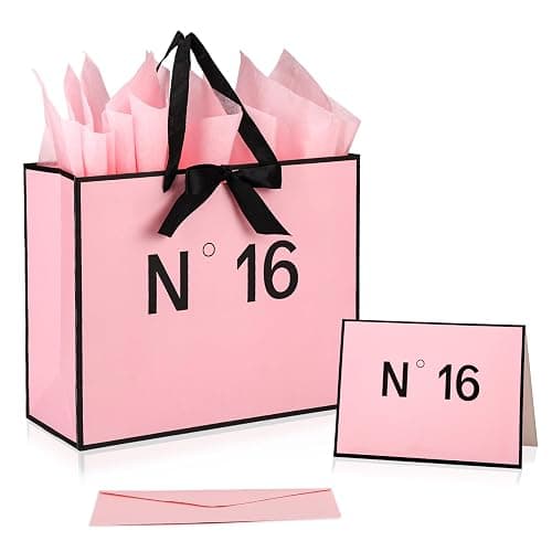 Sweet 16 Birthday Gift Bag with Tissue Paper & Greeting Card for Women Girl | Pink 16th Goodie Bag Birthday Decorations Sweet Sixteen Design 16 Years Old Party Supplies Gift Ideas - Image 1